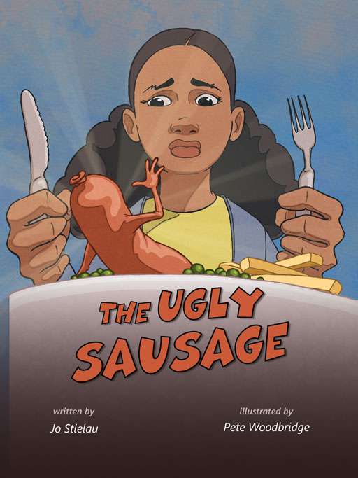 the ugly sausage cover, showing a girl looking at a plate of food and the sausage waving at her